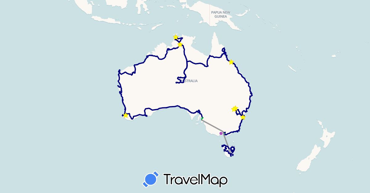 TravelMap itinerary: driving, bus, plane, train in Australia (Oceania)